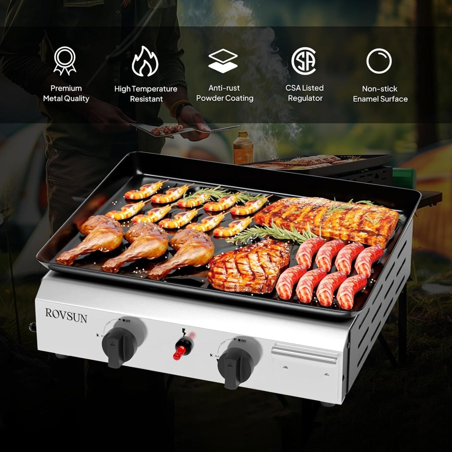 Flat Top Griddle Propane Tabletop 2 or 4 Burner, 20000 BTU Portable Gas Grill with Nonstick Enamel Tray