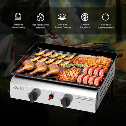 Flat Top Griddle Propane Tabletop 2 or 4 Burner, 20000 BTU Portable Gas Grill with Nonstick Enamel Tray