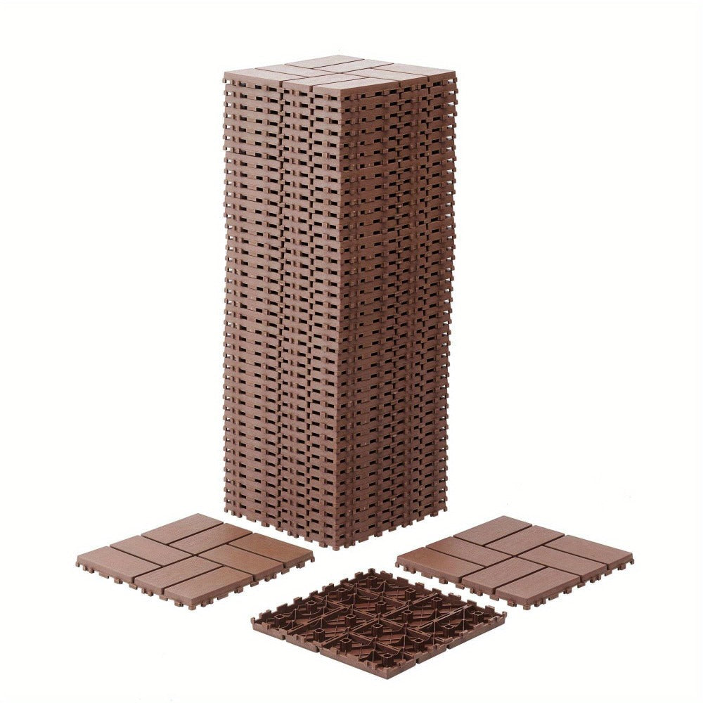 Gray 44-Piece Interlocking Deck Tile Set with 12-Inch Square Brick-Block Surface Pattern Pictured