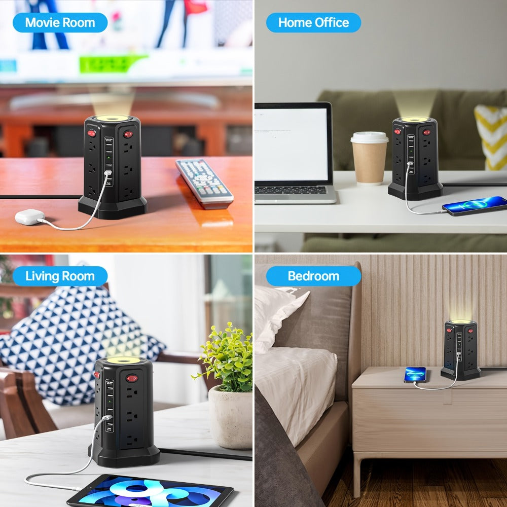 Night Light Power Tower Surge Protector 17-in-1, 12 AC Outlets & 5 USB Ports, 10.2ft Extension Cord