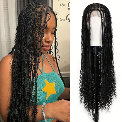 Extra-Long Black Box-Braid Wig with Curly Ends, Lace Cap and 48-Inch Checkout Length for Styling