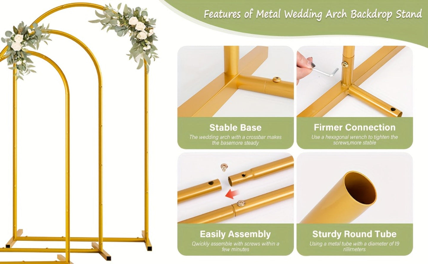 3-Pack Golden Metal Photo Backdrop Arch Set (7.2/6.6/6ft), Wedding Ceremony Party Frame for Birthday