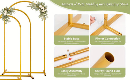 3-Pack Golden Metal Photo Backdrop Arch Set (7.2/6.6/6ft), Wedding Ceremony Party Frame for Birthday