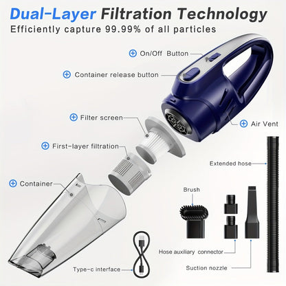 Model 807 Cordless Car Vacuum Cleaner with 6000Pa Pictured Rating, Five Accessories and Six Color Configurations