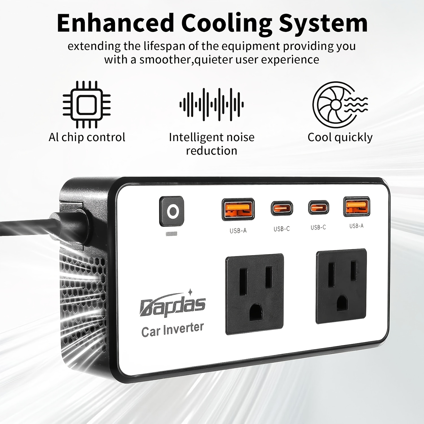 Car Inverter 200W DC 12V to AC 110V with Dual AC Outlets 24W USB-C Fast Charging 4 USB Ports Portable for Garden, Patio and Yard Use