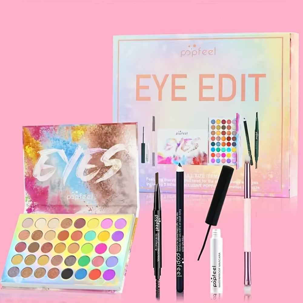 Makeup Gift Set POPFEEL 29-Color Eyeshadow Palette + Mascara + Eyeliner + Brow Pencil + Highlighter Powder + 7-Piece Brush Set | Complete