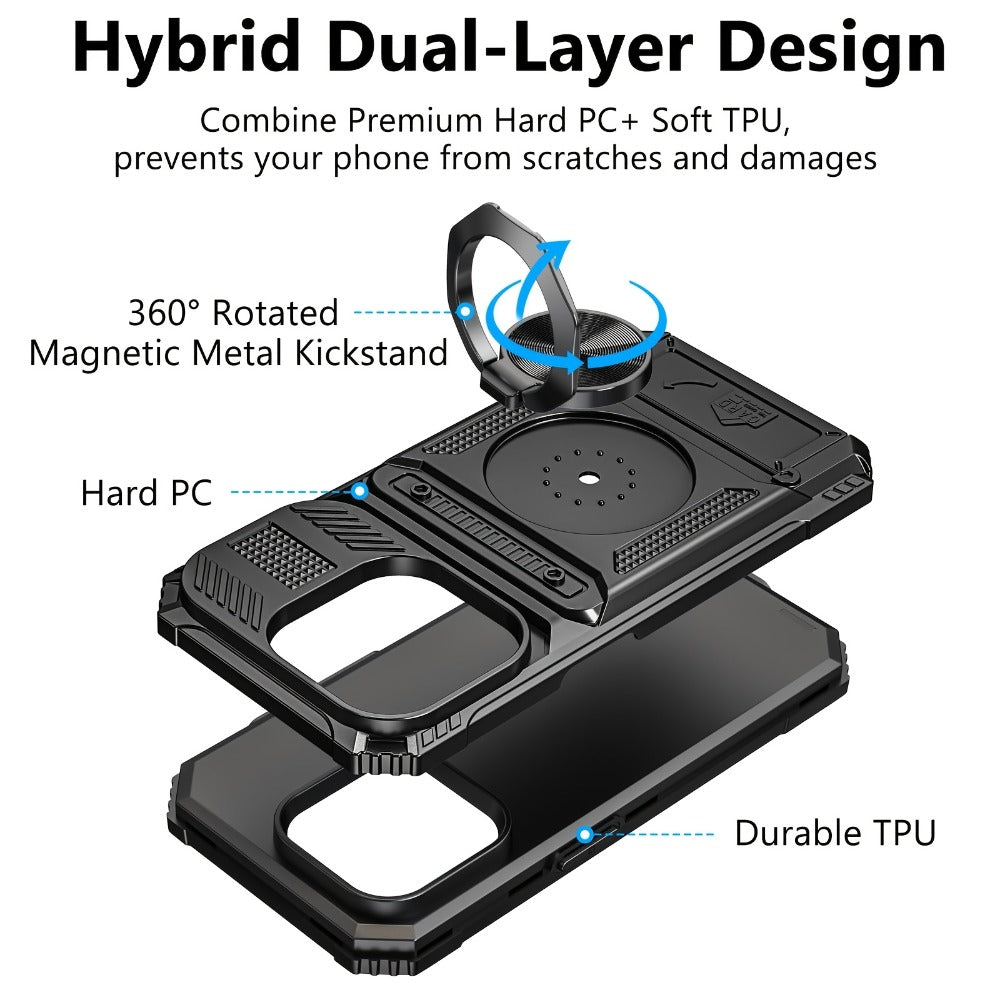 Phone Case Dual-Card Hard Shell Cover with 360-Degree Ring Kickstand for Select iPhone 14, 16 and 17 Models