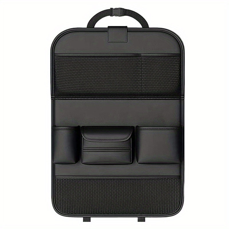 Black PU Leather Car Seat Back Organizer with Laptop Sleeve, Mesh Pockets, Bottle Holders and Foldable Storage