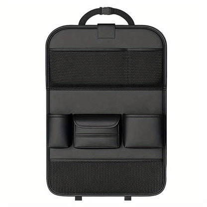 Black PU Leather Car Seat Back Organizer with Laptop Sleeve, Mesh Pockets, Bottle Holders and Foldable Storage