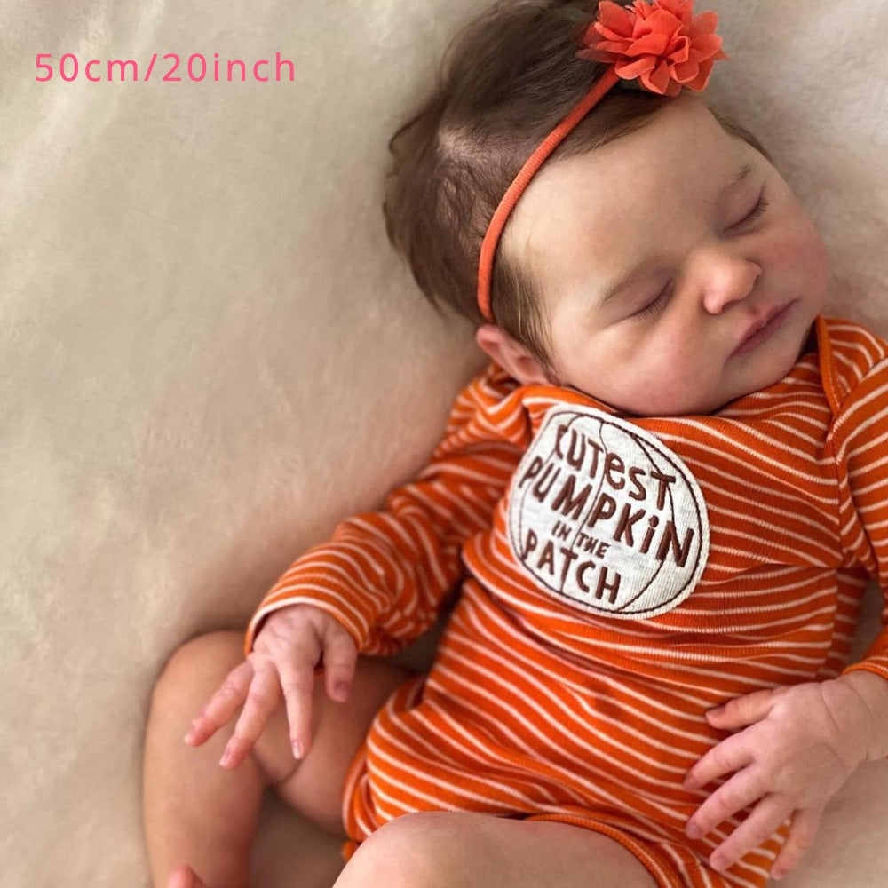 Reborn Baby Doll 20-Inch Sleeping Cloth Body with Rooted Hair, Orange Outfit, Pacifier, Bottle and Accessory Card