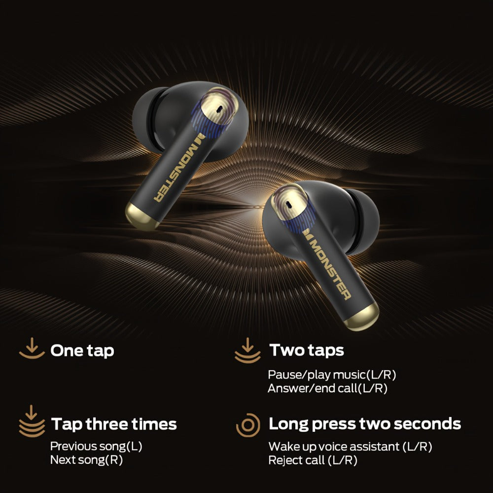 Wireless Earbuds Monster Sport In-Ear with Call Noise Reduction Mic and LED Display Case in Black