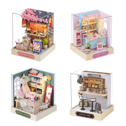 DIY Miniature Shop Dollhouse Kit with Dust Cover, Wooden Mini Store Assembly Set, 4 Themes Sakura Noodles Candy Atelier Coffee