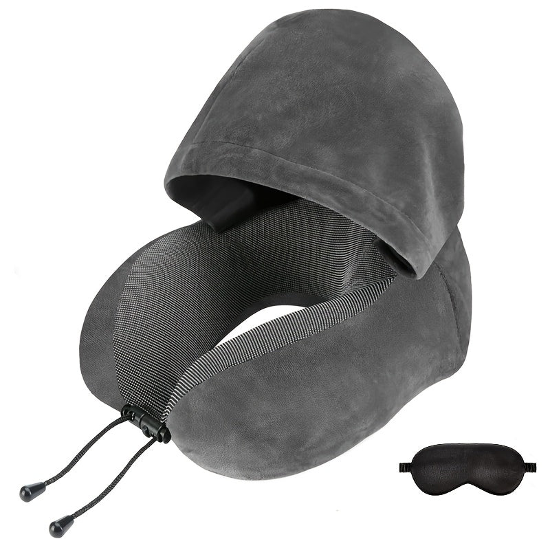 Hooded U-Shaped Travel Neck Pillow with Eye Mask, Carry Bag and Front Drawstrings in Pink, Blue, Black or Grey