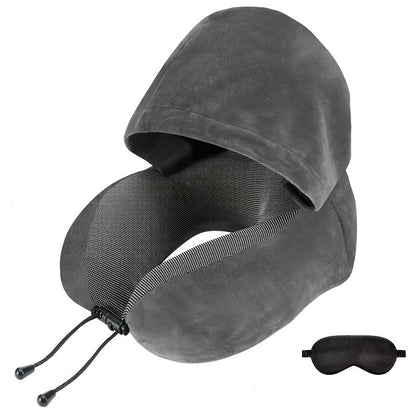 Hooded U-Shaped Travel Neck Pillow with Eye Mask, Carry Bag and Front Drawstrings in Pink, Blue, Black or Grey
