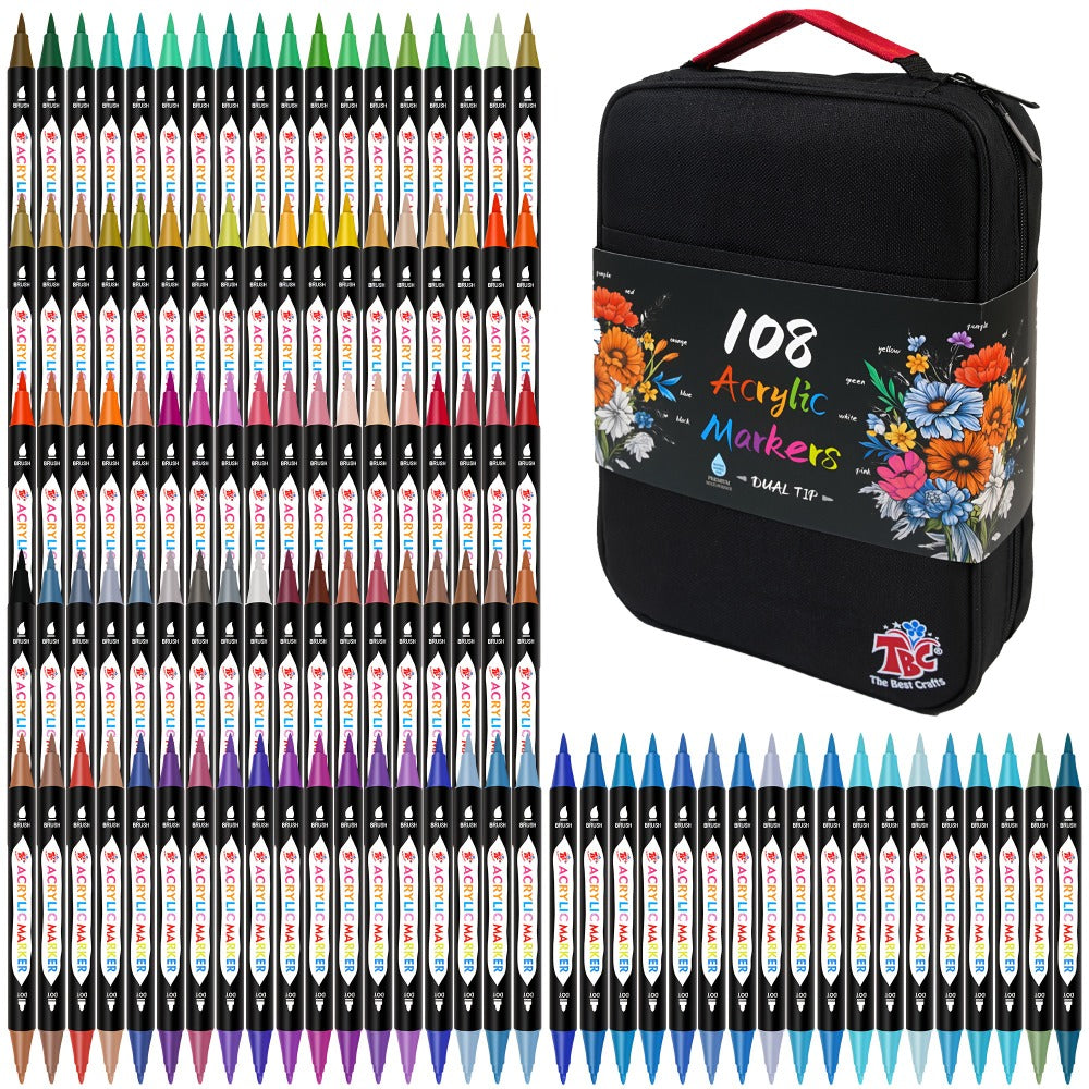 Acrylic Paint Markers with Canvas Bag Dual Tip 48 72 108 Colors, Double Zipper Premium Storage