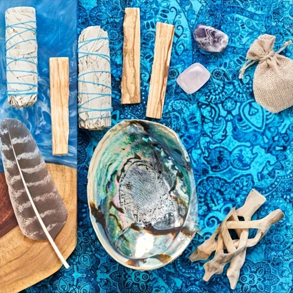 White Sage Smudge Kit 11pcs, 2 White Sage Bundles, 3 Palo Santo Sticks, Abalone Shell with Stand