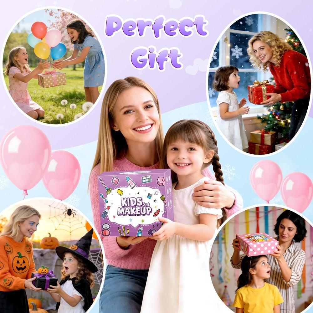 Kids Makeup Set for Girls, 2-in-1 Princess Makeup & Nail Art Kit, Pretend Play Cosmetics with Nail Polish