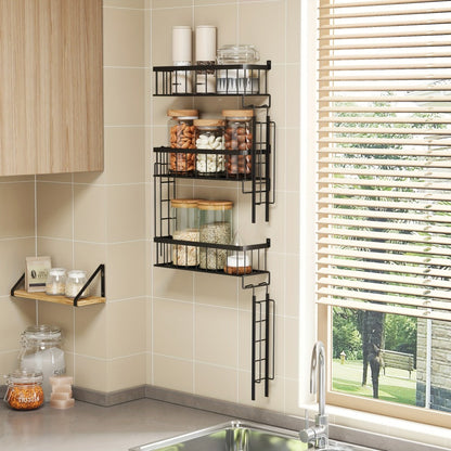 Three-Tier Black Ladder Wall Shelf with 27-Inch Height, Three Baskets and Side Hook Set for Storage