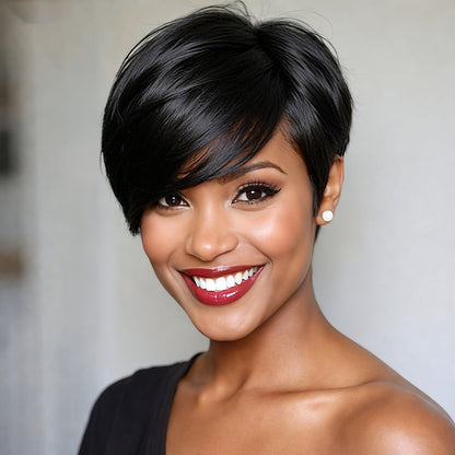 Synthetic Wig 6-Inch Glueless Layered Pixie Bob in Burgundy or Olive Brown for Daily Looks