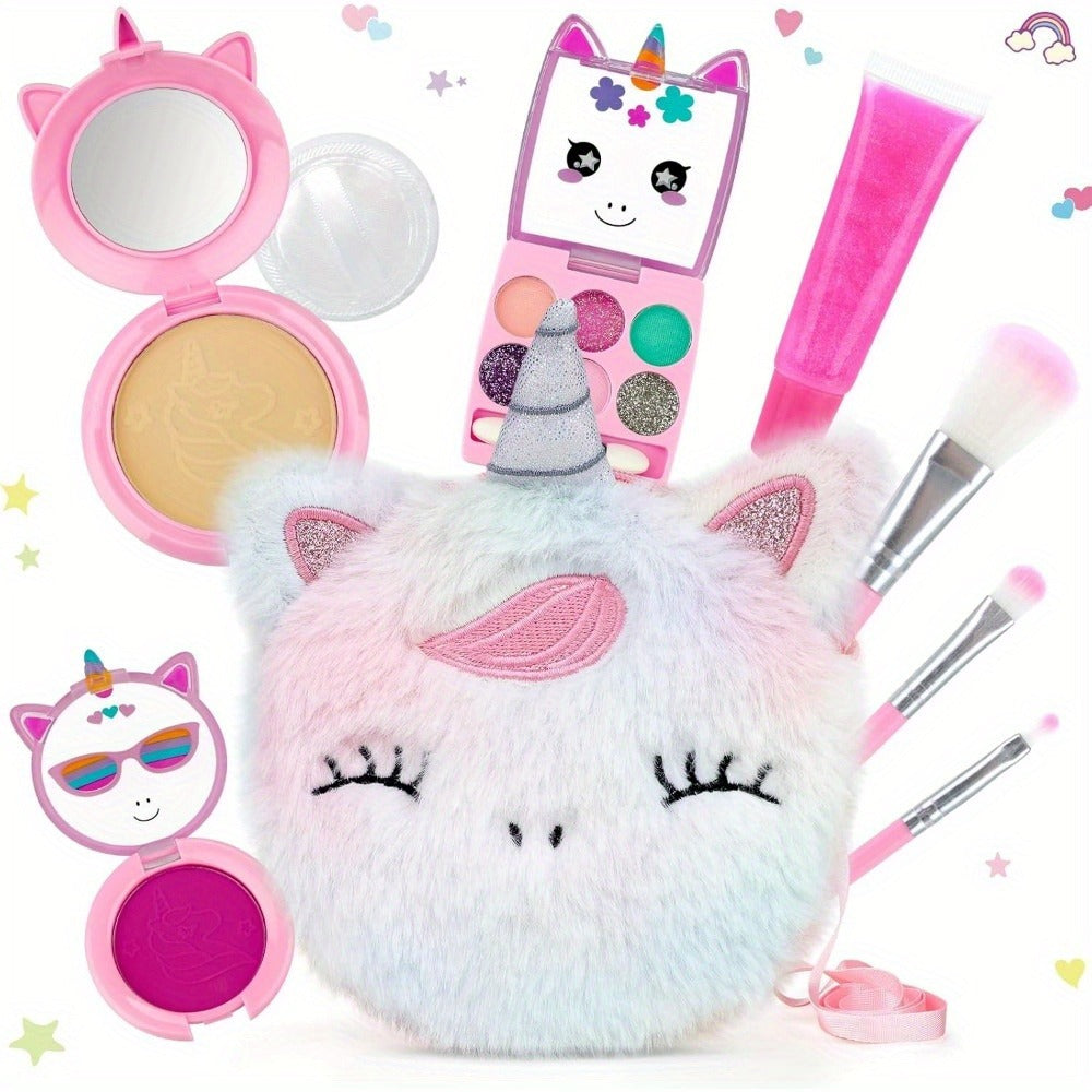 Kids Pretend Makeup Set for Girls Ages 3-12, Princess Cosmetics with Crossbody Coin Purse, Dress Up Role Play Toy