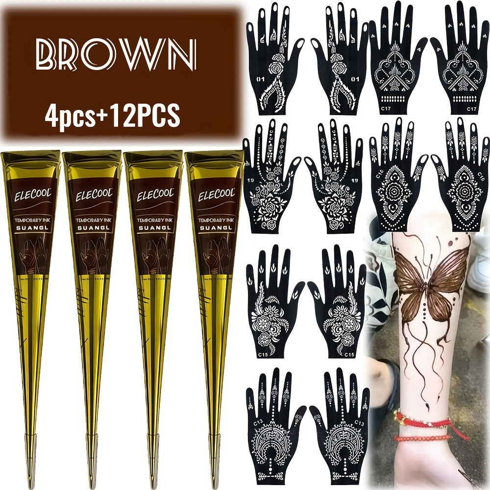 Temporary Semi-Permanent Tattoo Paste Kit - Body Art Gel in Brown & Black with Tattoo Templates
