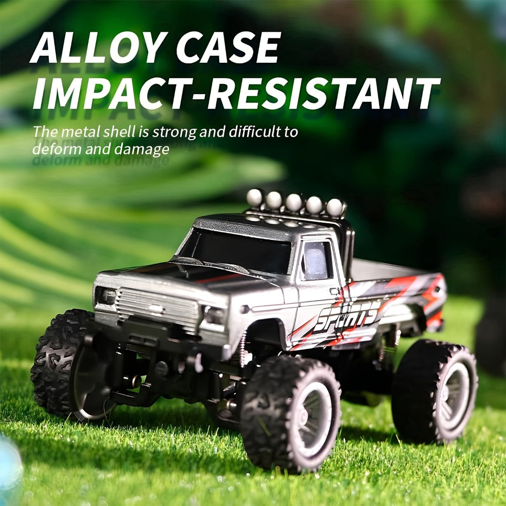 Mini RC Monster Truck 1:64 Scale Alloy Remote Control Car with LED Lights 2.4GHz Speed Steering Adjustable Kids Boys Gift