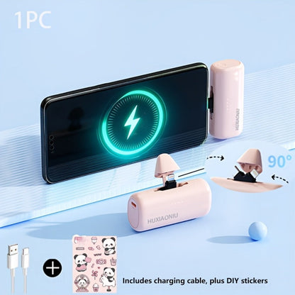 Power Bank 5000mAh Mini with Rotating 2-in-1 Lightning/USB-C Plug and Battery Indicator in Black or Pink