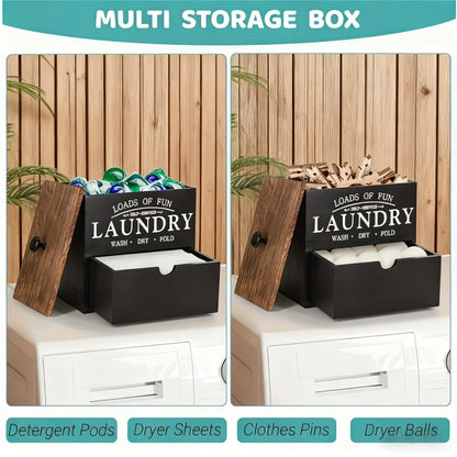 Dryer Sheet Holder with Drawer & Lid, Farmhouse Wood Laundry Pod Dispenser, Wall Mount or Countertop Organizer for Laundry Room Storage