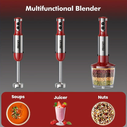 Immersion Blender 5-in-1 Handheld Mixer, Motor, Whisk Meat Chopper Measuring Cup Attachments, Stick Blender for Soups Smoothies Sauces