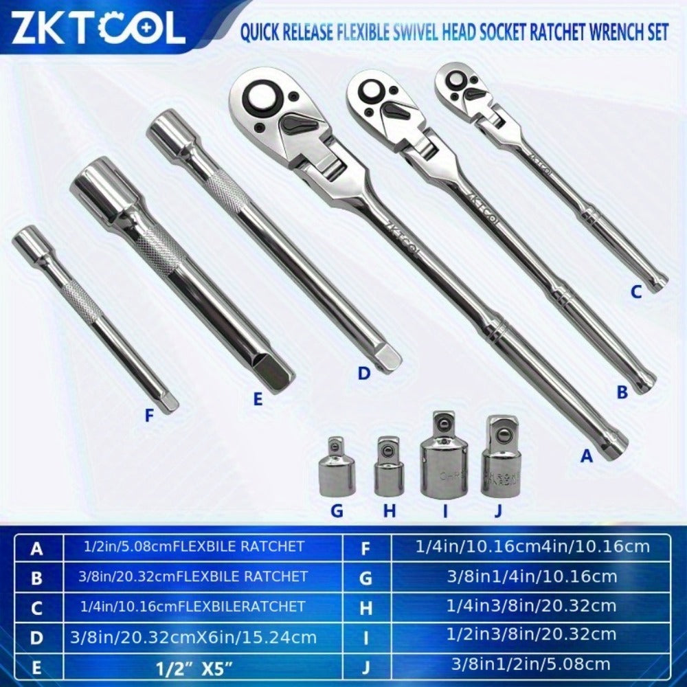 Swivel Head Ratchet Wrench Set – Spring-Loaded Flex Head 1/4" 3/8" 1/2" Drive with Extension Bar, Single or Multi-Pack for Auto & Mechanical