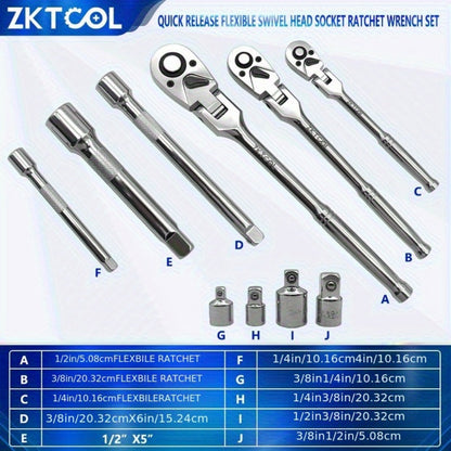 Swivel Head Ratchet Wrench Set – Spring-Loaded Flex Head 1/4" 3/8" 1/2" Drive with Extension Bar, Single or Multi-Pack for Auto & Mechanical