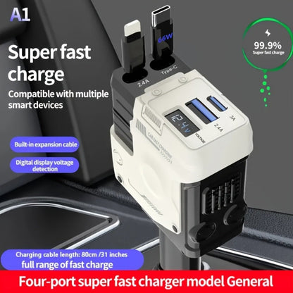 Dual Retractable Cable Car Charger 4-in-1 with Lightning & Type-C 31in, 2 USB-A Ports & Voltage Supervision