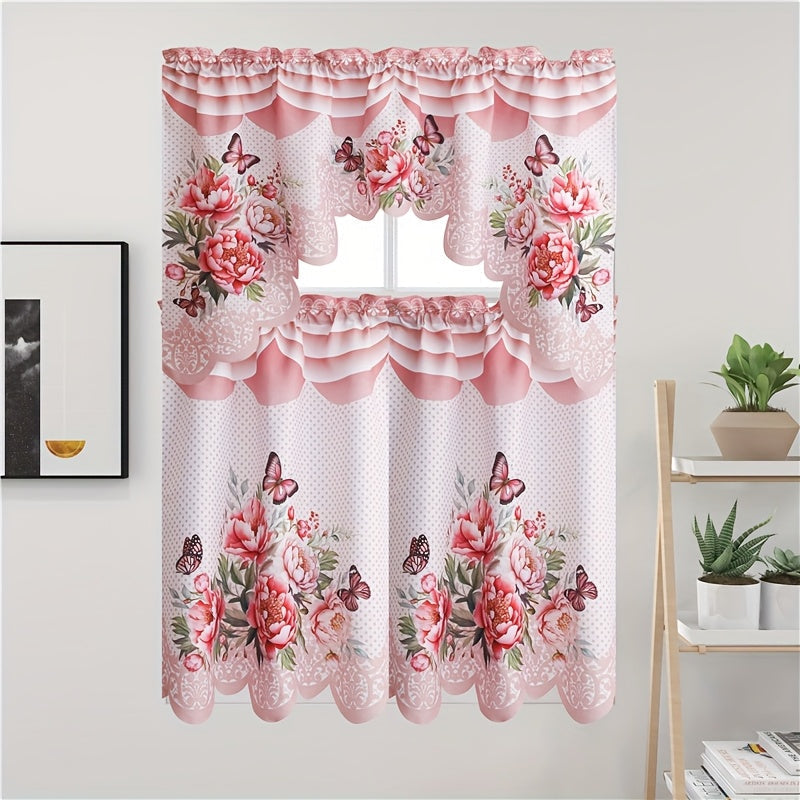 Three-Piece Butterfly Floral Window Curtain Set with Rod-Pocket Valance, Two Tiers and Four Colors