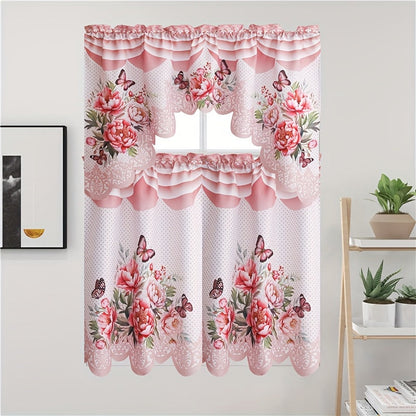 Three-Piece Butterfly Floral Window Curtain Set with Rod-Pocket Valance, Two Tiers and Four Colors
