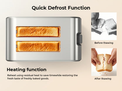 Toaster 2-Slice Stainless Steel Smart Touchscreen, 5 Bread Types, 6 Browning Levels, Wide Slots, Temperature Control