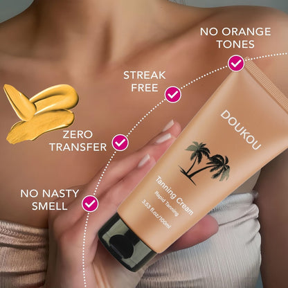 Sunless Self-Tanning Cream 100ml in Squeeze Tube with Light, Medium and Deep Shade Application Graphic