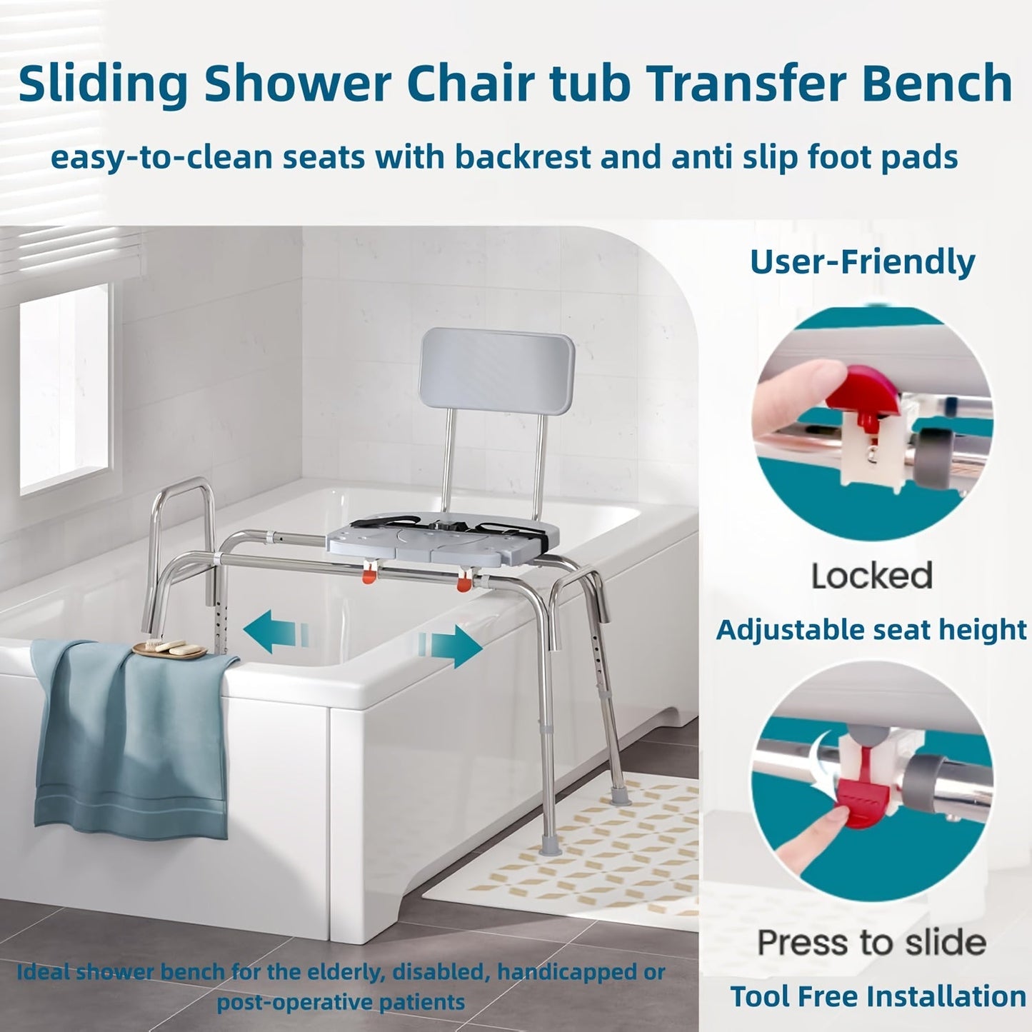 Sliding Bathtub Transfer Bench with Reversible Grey Seat, Safety Rail, Backrest and Adjustable Legs