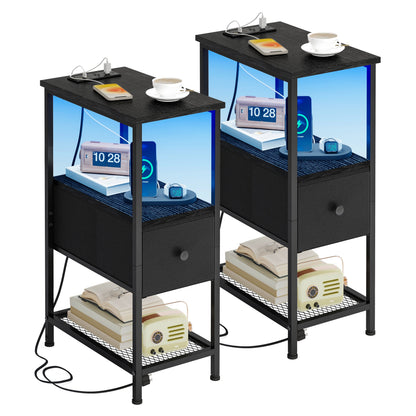 Nightstand Slim One or Two Fabric Drawers with Charging Station, LED Light and Single or Two-Pack Choice