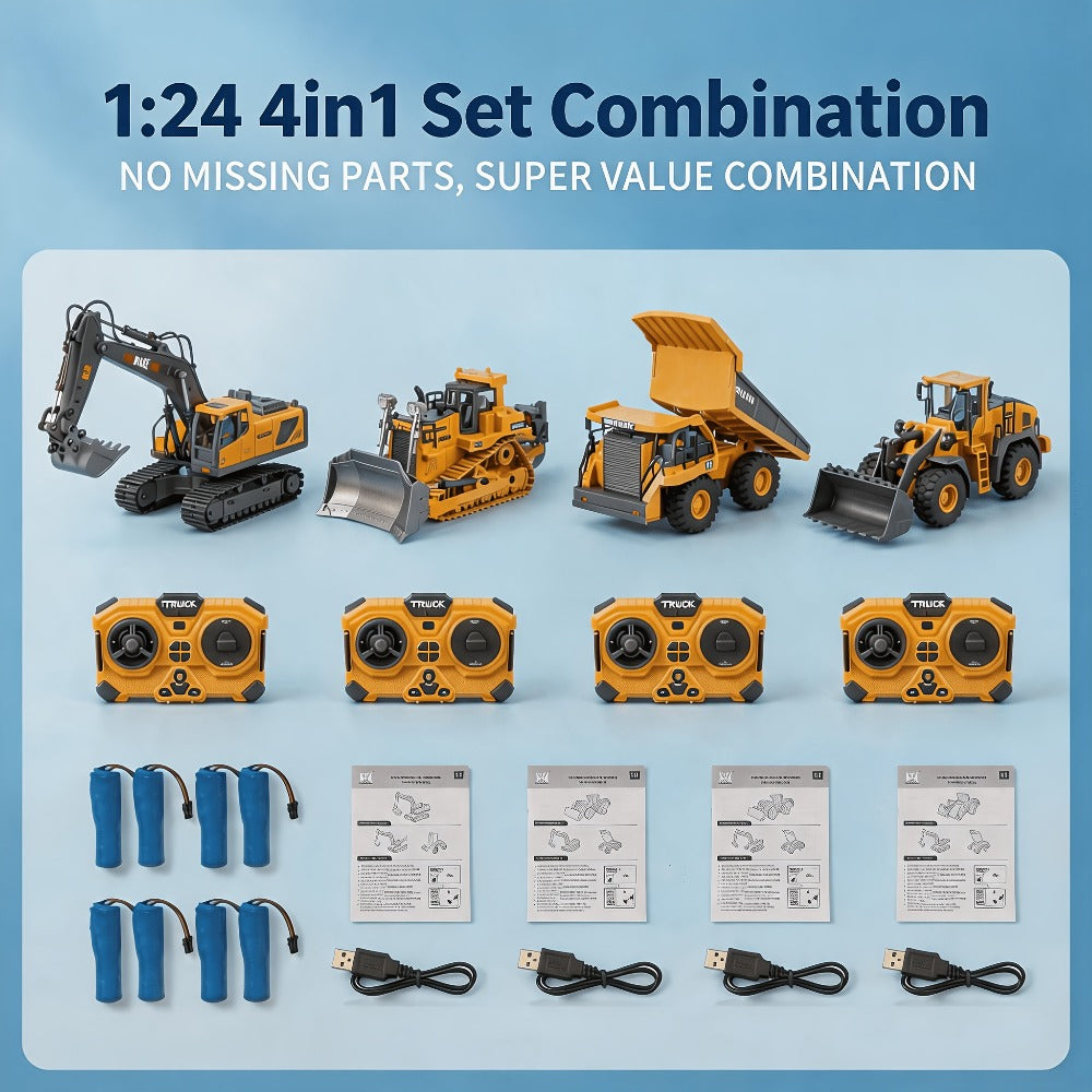 RC Construction Vehicle Set 2.4G 11-Channel Remote Control Excavator Dump Truck Bulldozer, 1:24 & 1:64 Alloy Engineering Toy