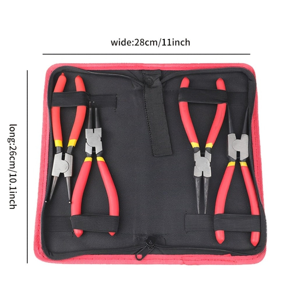 Four-Piece Snap Ring Pliers Set with Straight and Curved Jaws for Internal or External Rings in 7- or 9-Inch Sizes