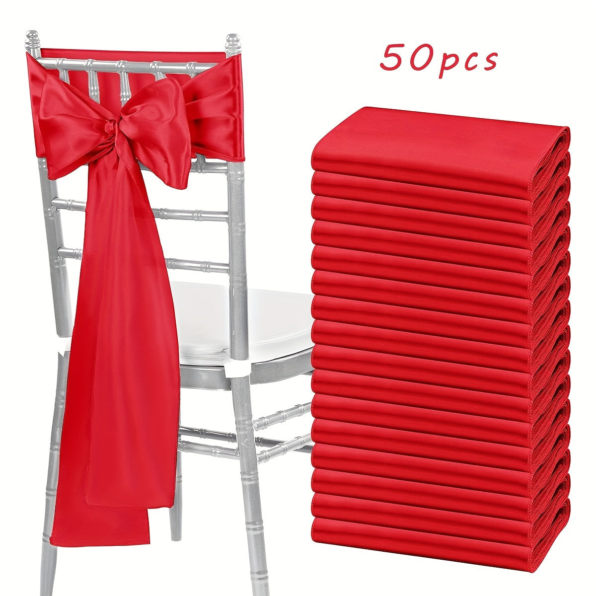 Satin Chair Sashes Bows 50pcs, 7x108 Inch Chair Waist Belt Bow Ties for Wedding Reception, Banquet