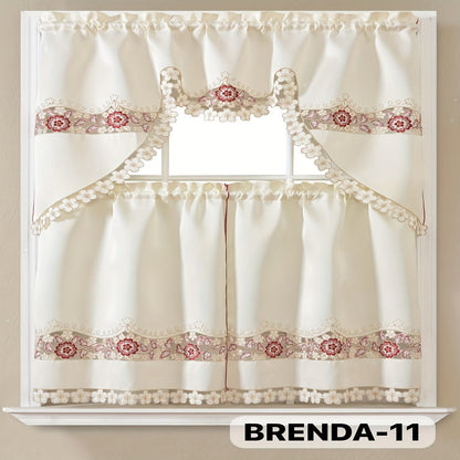 Kitchen Curtains 3 Piece Set Embroidered Satin Valance and Tiers – Rod Pocket Light Filtering Machine Washable 46 Colors