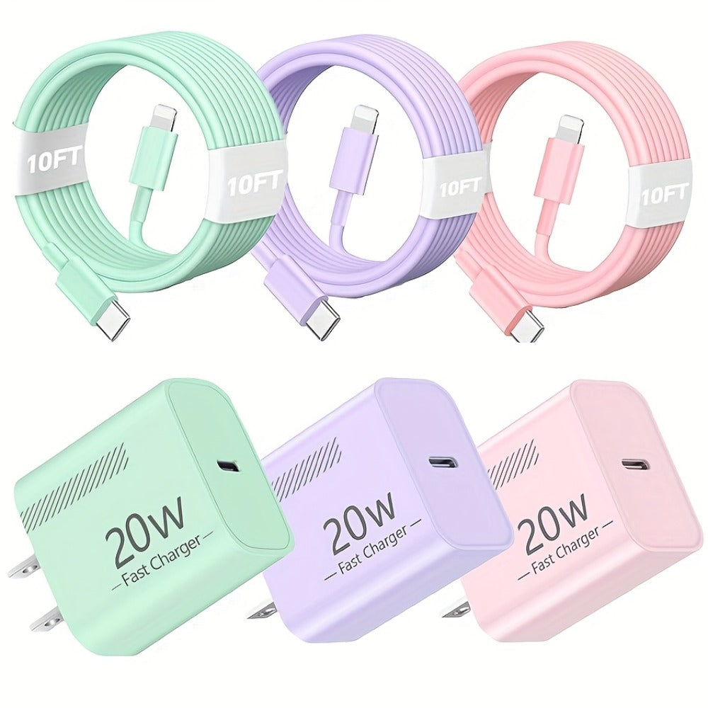 20W iPhone Fast Charger Bundle 3-Pack with 10ft L-Shaped Lightning Cable, 3 Chargers + 3 Cables Set for iPhone 14 13 12 11 Pro Max SE XR