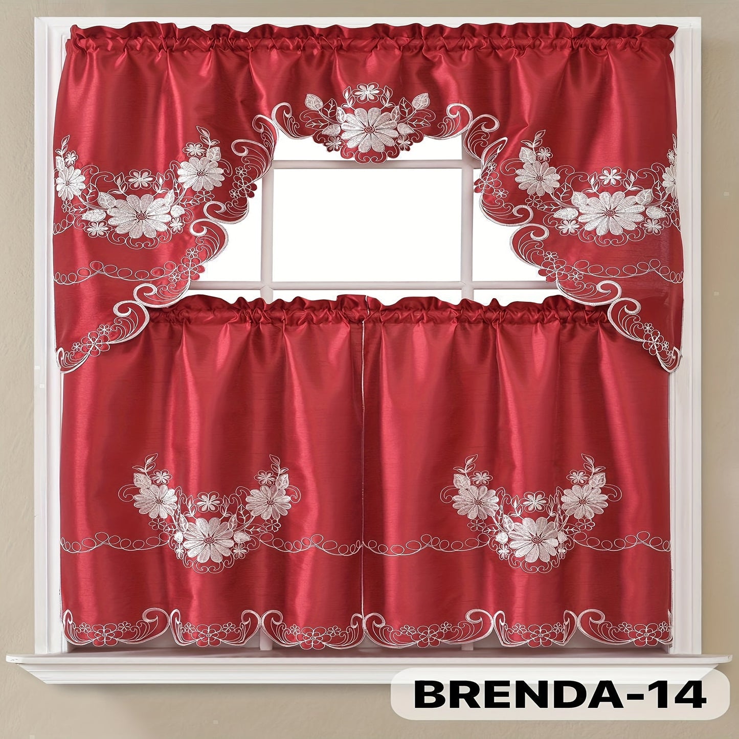 Kitchen Curtains 3 Piece Set Embroidered Satin Valance and Tiers – Rod Pocket Light Filtering Machine Washable 46 Colors