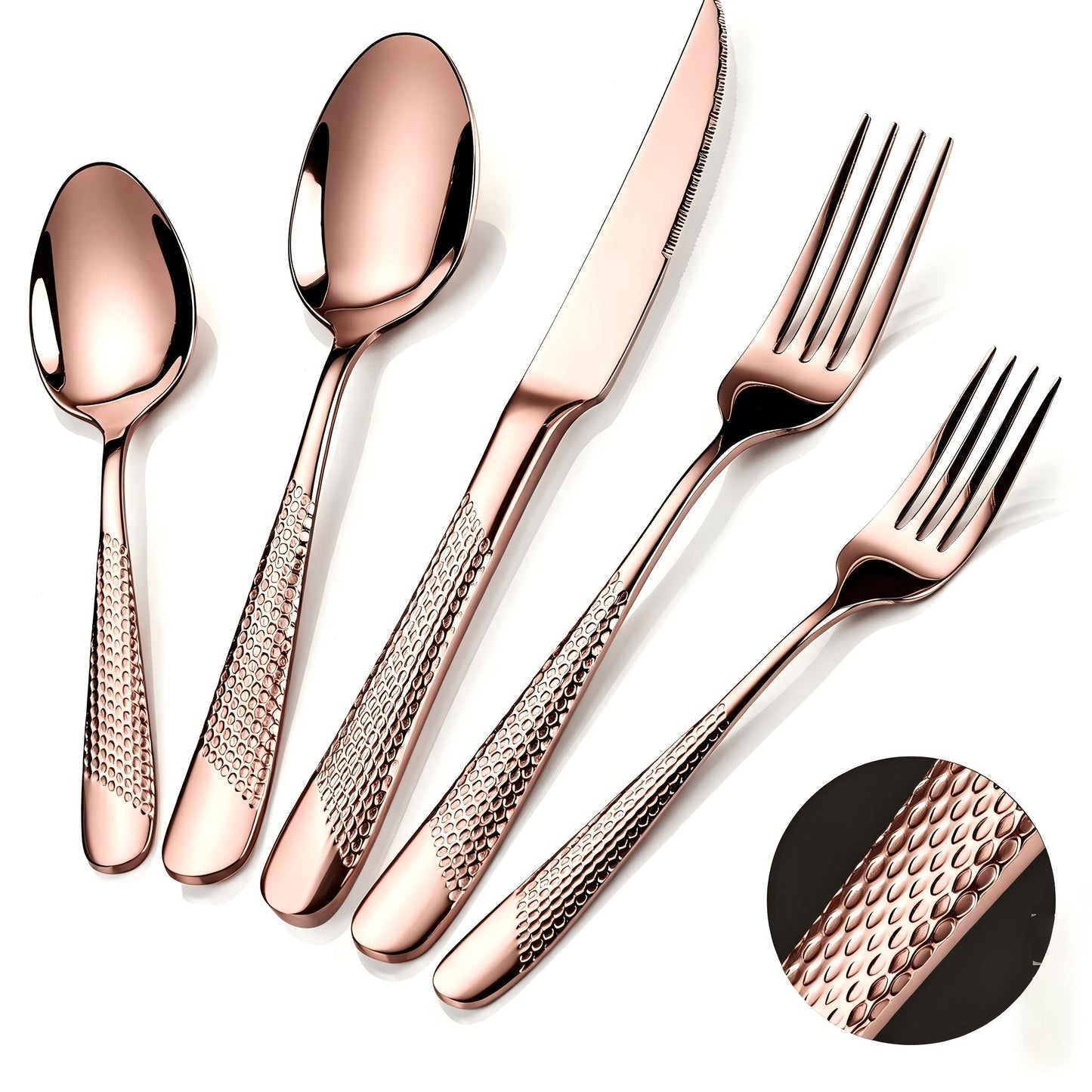 40- or 48-Piece Hammered-Handle Flatware Set in Rose Gold or Silver with Option-Specific Knives