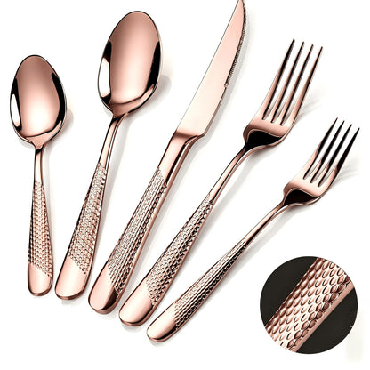 40- or 48-Piece Hammered-Handle Flatware Set in Rose Gold or Silver with Option-Specific Knives