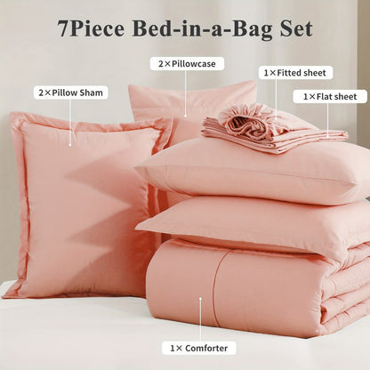 7 Piece Comforter Set Luxury Soft Fluffy Bedding All Season Bed in a Bag with Comforter Fitted Sheet Flat Sheet Pillowcases Hypoallergenic