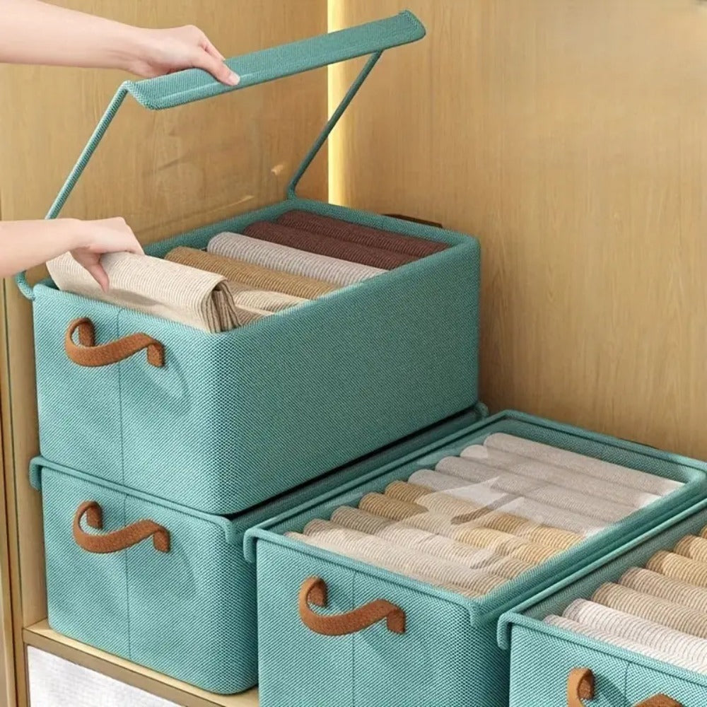 Six-Pack Foldable Fabric Storage Boxes with Clear Lids, Handles and Green, Beige or Gray Color Options
