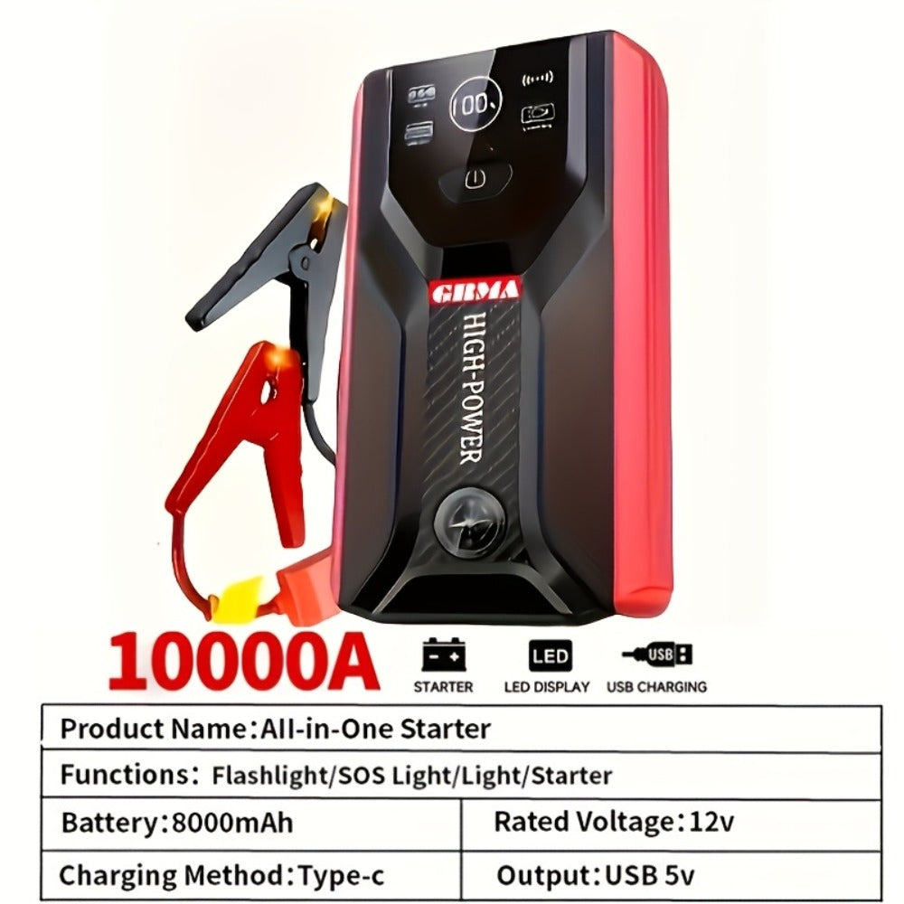 Portable Car Jump Starter 12V – Peak Power Battery Booster Pack for 8.0L Gas & Diesel Engines, USB Charging & LED Emergency Light