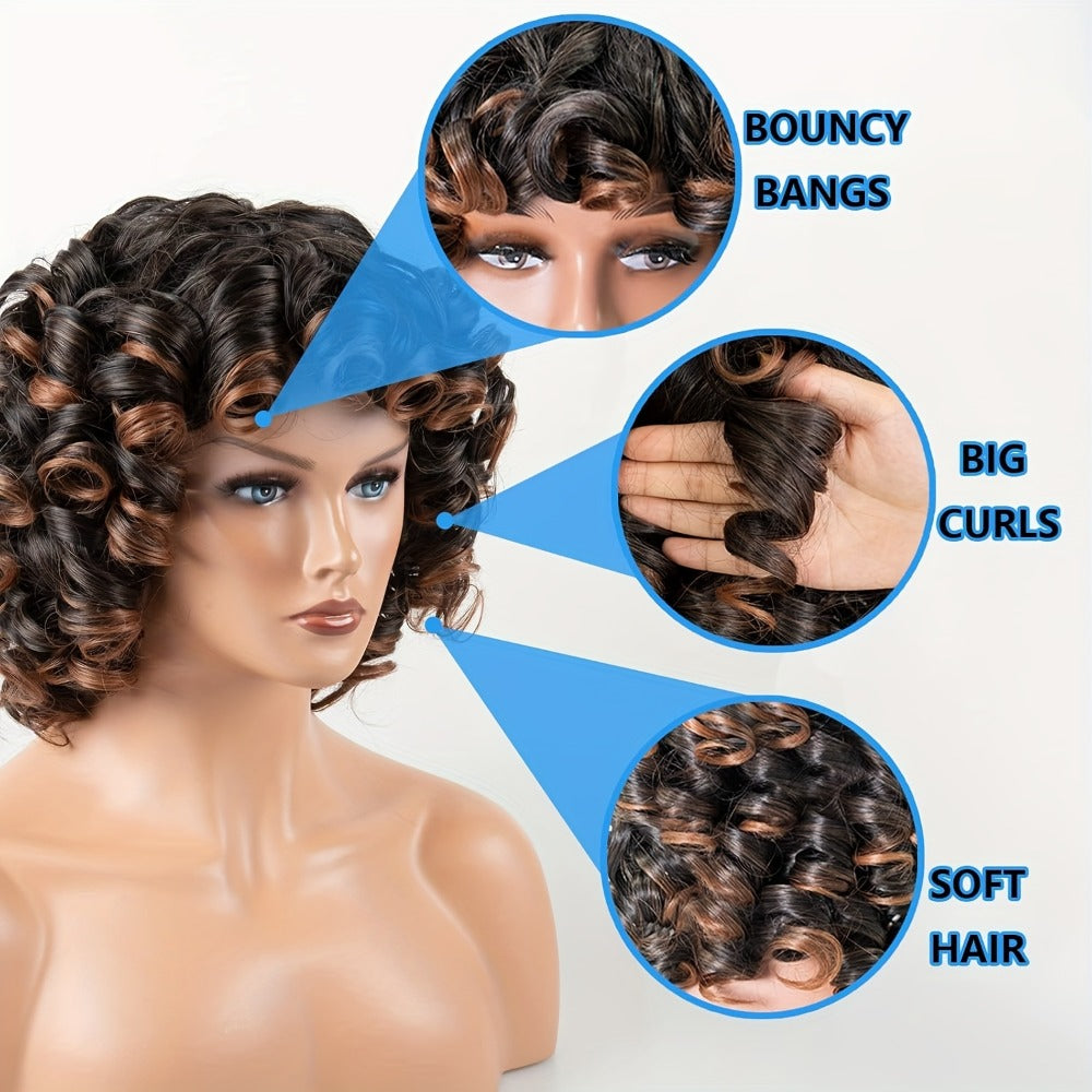 Synthetic Wig 14-Inch Kinky Curly Afro with Bangs in Black, Black-Brown or Golden 33/27 for Daily Style